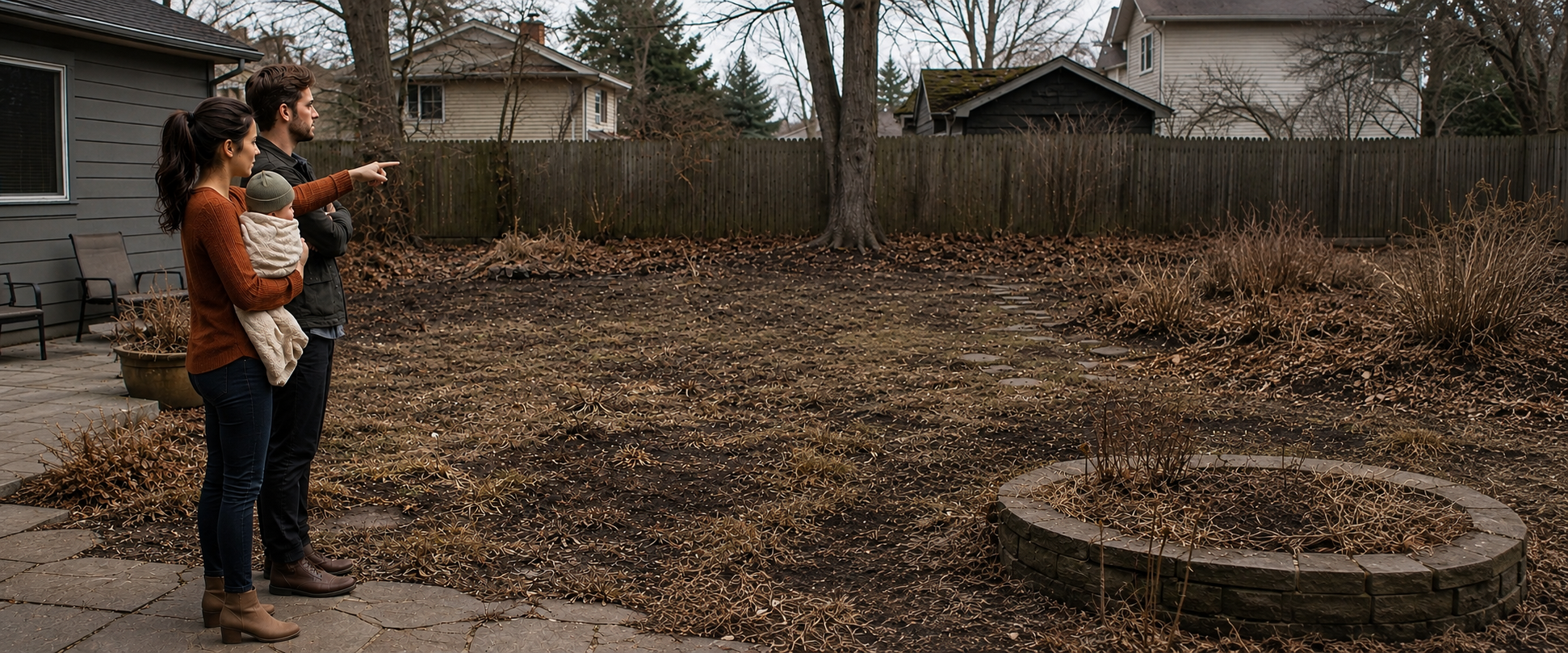 Young couple with a bundled baby looking across a dormant late-winter garden